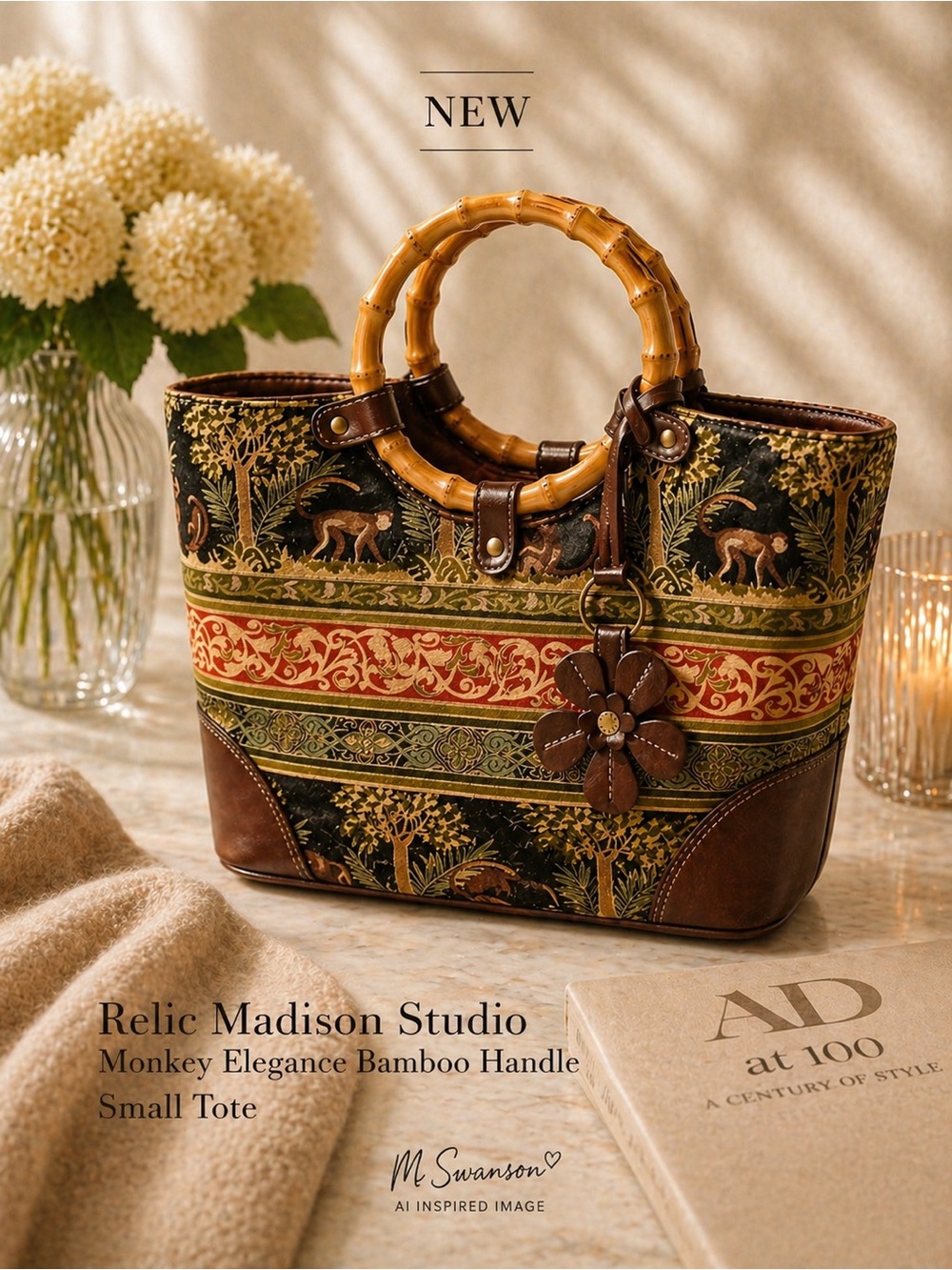 Vintage Y2K Tapestry Bamboo Handle Tote Monkey Jungle Bag Boho